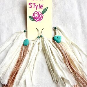 Hand Crafted Boho Tassel Turquoise and Cream Earrings